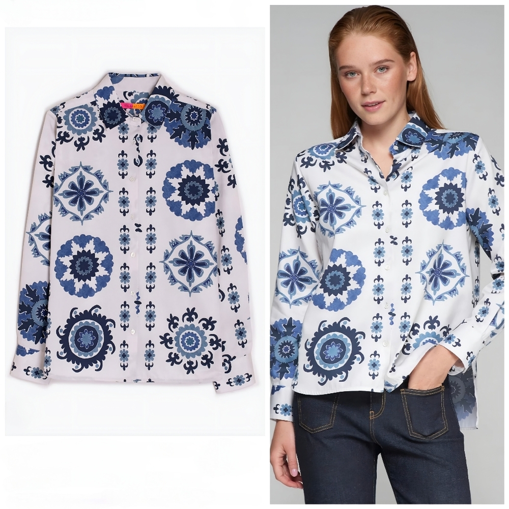 Vilagallo White Blue Patterned Button Up Isa Top, M